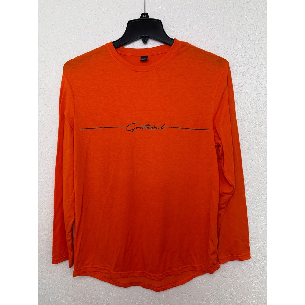 Manfinity Mens Grateful Graphic Long Sleeve T-Shirt Orange Medium Curved Hem